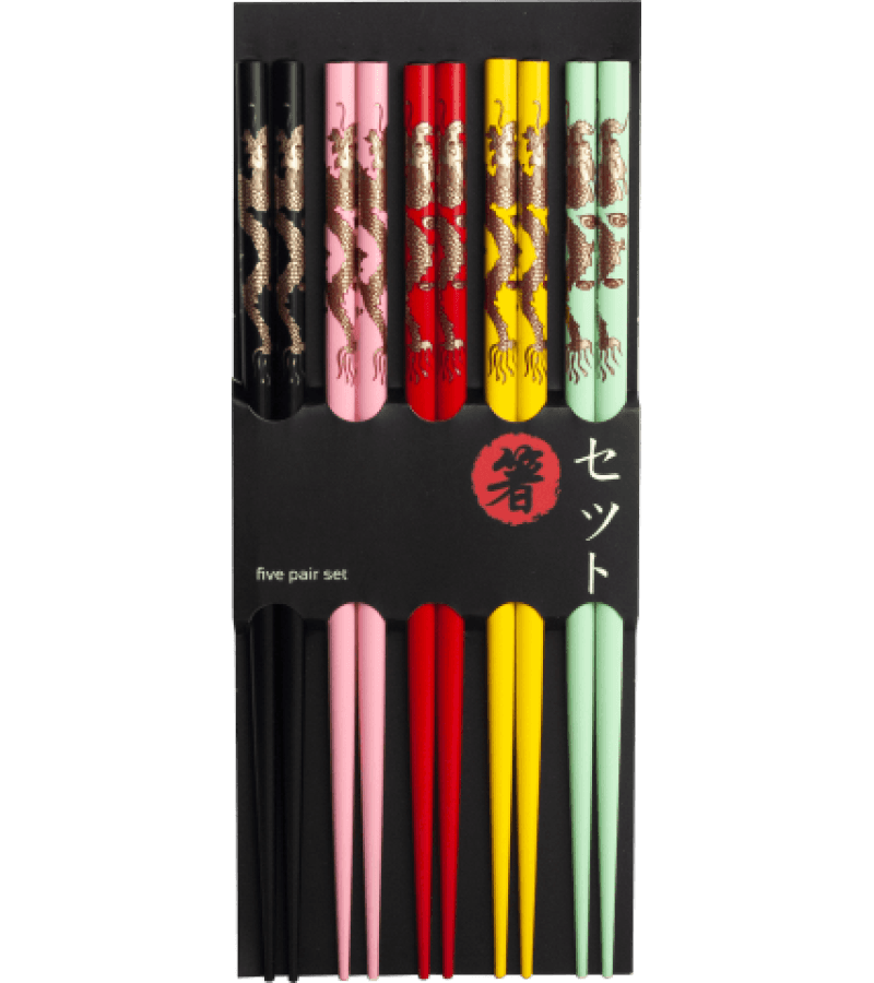 Pałeczki do sushi 5 par 22,5 cm z motywem złotych smoków - obrazek 1